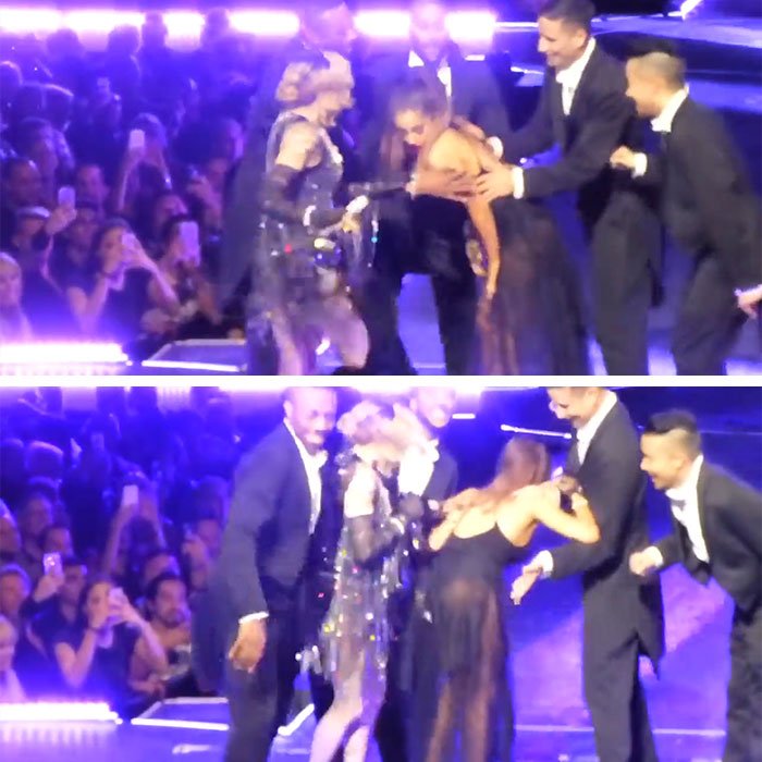 Ariana Grande and Madonna on stage during a performance that sparked fan backlash for being uncomfortable to watch.