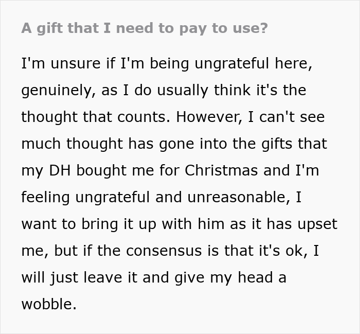 Text excerpt showing a woman feeling bad for being ungrateful about her husband's gifts, with people agreeing the gifts are abhorrent.