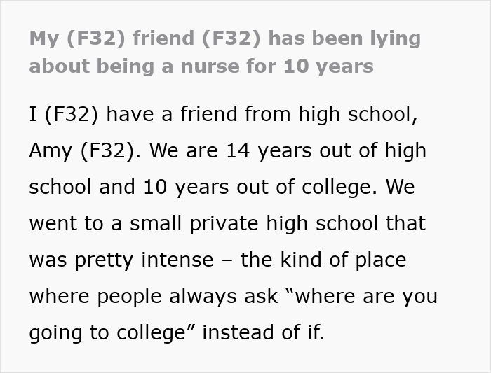 Text excerpt describing a woman who decides to lie about her career for 10 years, creating wild stories to support it.