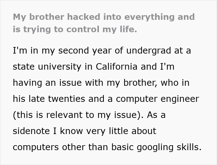 Text excerpt about a woman describing her brother’s stalking tendencies affecting her college, job, and mental health.