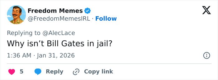Screenshot of a tweet questioning why Bill Gates is not in jail, referencing Epstein files and alleged STD claims.