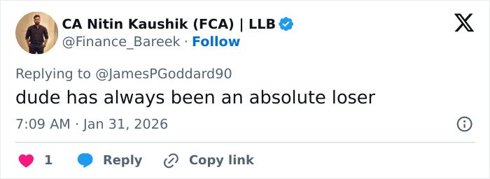 A tweet criticizing someone, posted by CA Nitin Kaushik with a profile photo of a man standing, casual attire visible.