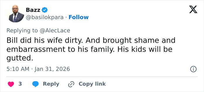 Screenshot of a social media reply discussing Bill Gates and allegations involving STD and antibiotics in family matters.
