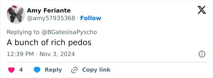 Tweet screenshot by user Amy Feriante criticizing wealthy individuals, related to Epstein files and Bill Gates STD allegations.