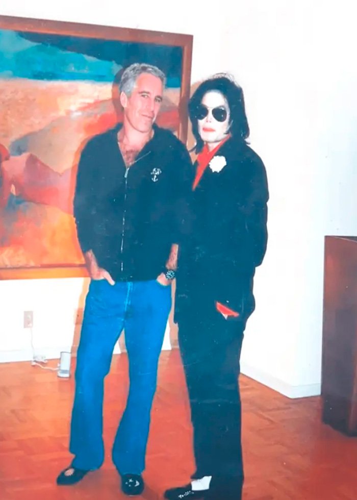 Michael Jackson wearing dark clothing and sunglasses standing next to a man in a black hoodie discussing Epstein files and children.
