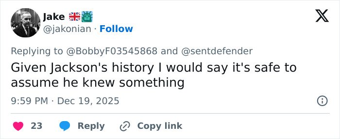 Tweet by user Jake discussing Michael Jackson’s history and implications related to children and Epstein files mentions.