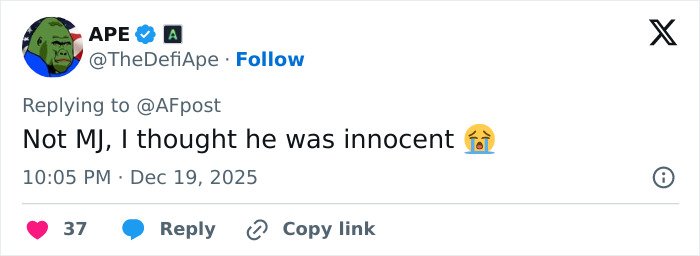 Screenshot of a tweet reacting to Michael Jackson’s chilling thoughts on children revealed in secret tapes.