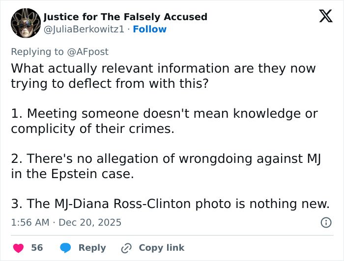 Tweet discussing Michael Jackson and Epstein files denying wrongdoing or new allegations in relation to children and secret tapes.