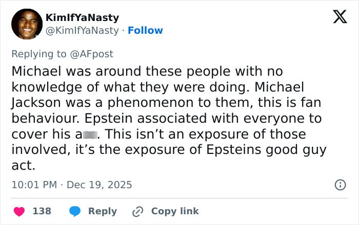 Tweet discussing Michael Jackson’s association with Epstein amid secret tapes revealing chilling thoughts on children.