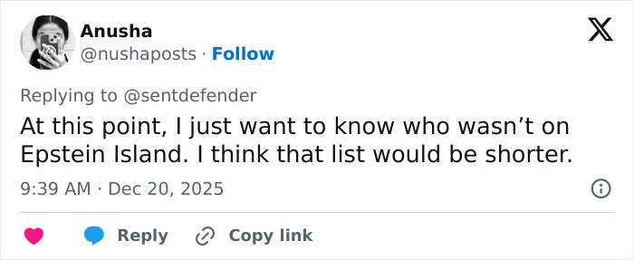 Tweet discussing Epstein Island and mentioning a list in the context of Epstein files and related topics.