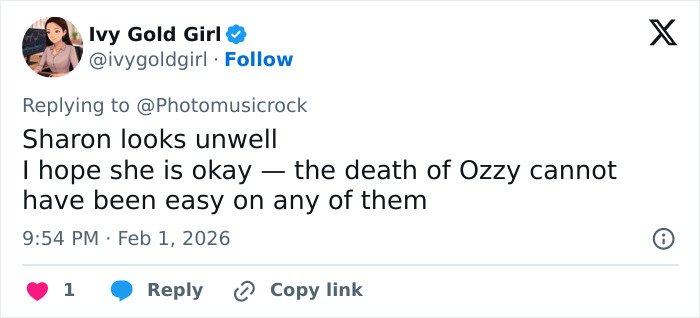 Social media post expressing concern over the Osbournes' drastic weight loss months after Ozzy's passing.