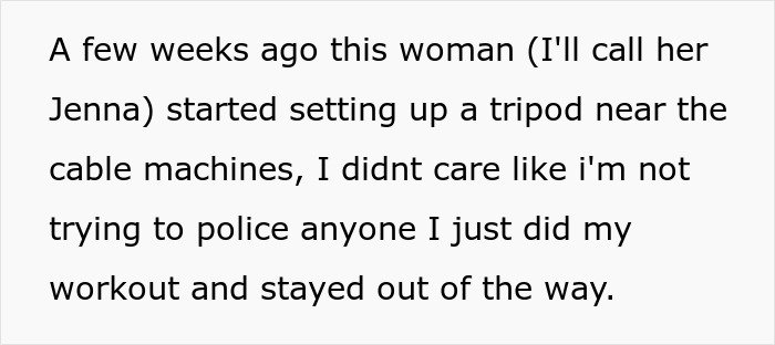 Woman rolls her eyes and calls guy a creep after he asks her to stop filming him at the gym confrontation.