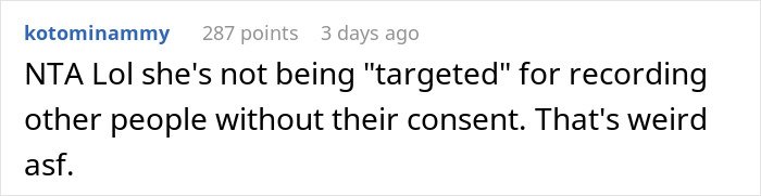 Comment on Reddit discussing a woman calling a guy a creep after he asks her to stop filming him at the gym.