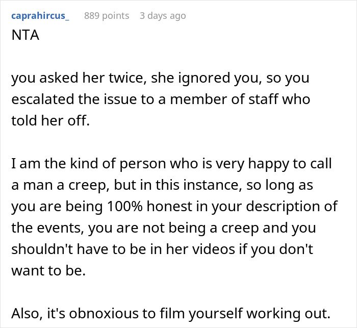 Comment discussing a woman calling a guy a creep after he asks her to stop filming him at the gym.