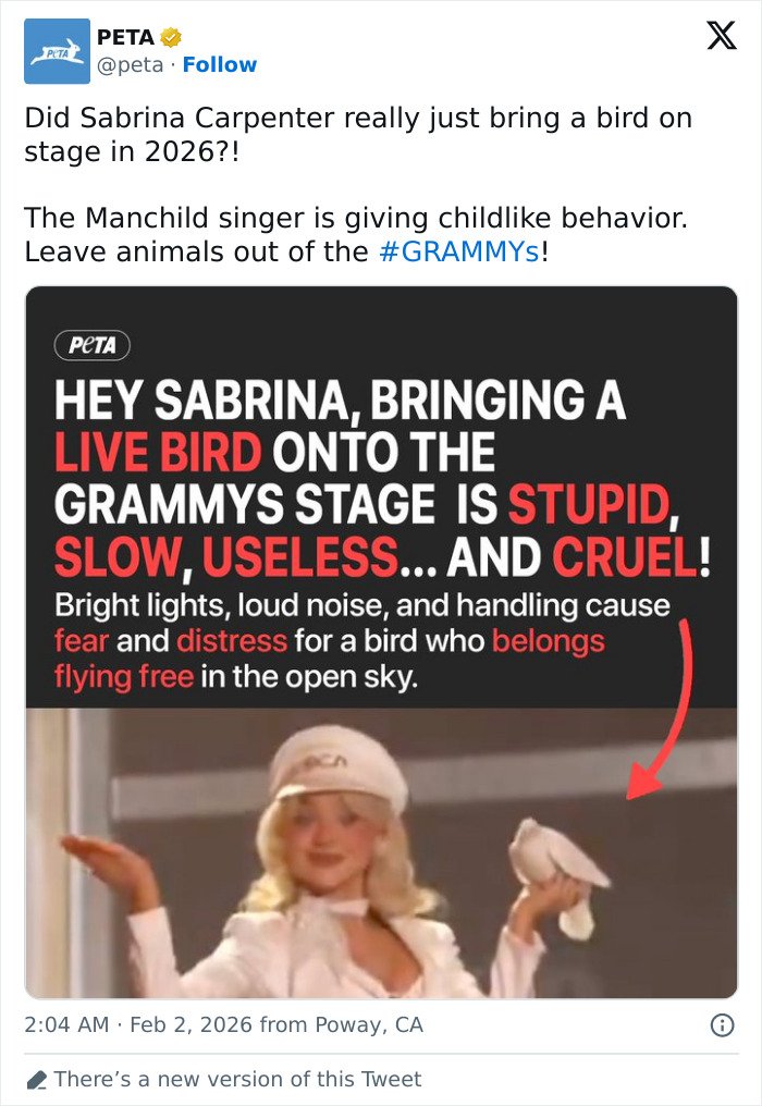 Sabrina Carpenter holding a white bird on stage, facing criticism over her 2026 Grammys performance involving live animals.