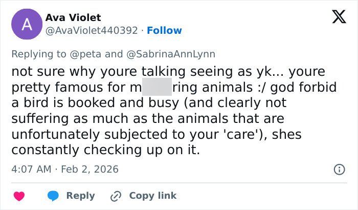 Tweet criticizing Sabrina Carpenter&rsquo;s 2026 Grammys performance, calling it stupid and cruel in a public reply.
