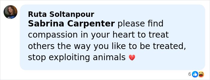 Comment criticizing Sabrina Carpenter for exploiting animals, urging compassion and kindness toward others.
