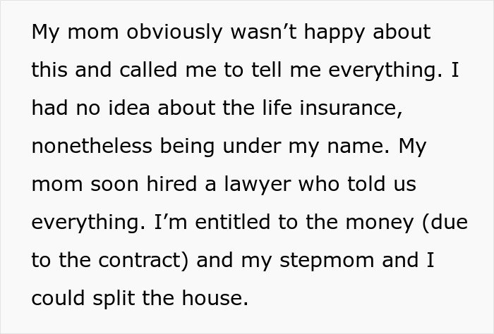 Text excerpt about a woman&rsquo;s inheritance and legal dispute involving her late husband&rsquo;s life insurance and property.