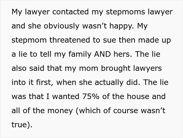 Text about a woman going crazy over inheritance from her late husband and attempting to ruin his daughter.