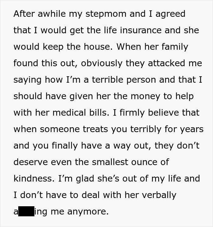 Text excerpt showing a woman recounting conflict over inheritance and how her stepmom tried to ruin the late husband's daughter.