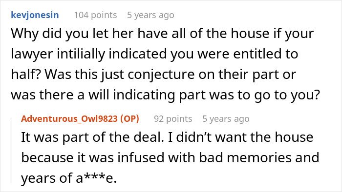 Reddit conversation showing a user discussing inheritance dispute and bad memories linked to a late husband's estate.