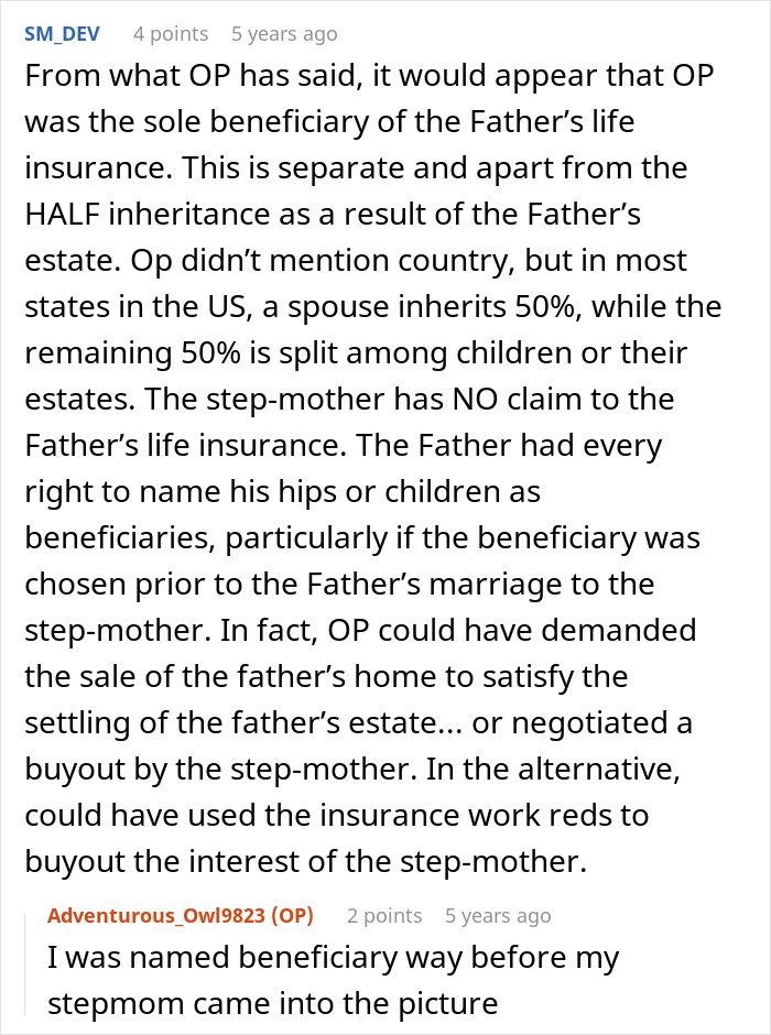 Comment discussing inheritance disputes involving a woman, her late husband's estate, and his daughter&rsquo;s claims.