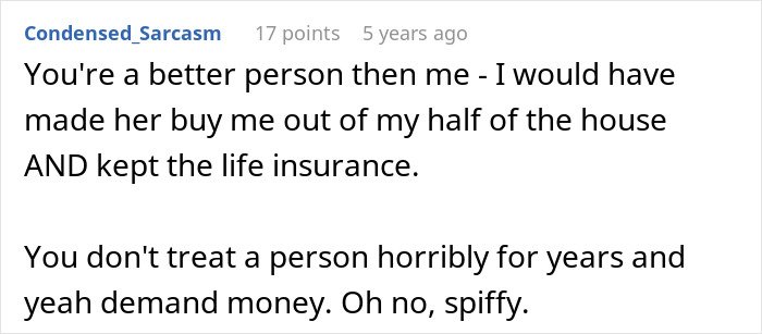 Comment text discussing a woman&rsquo;s reaction and conflict over inheritance from her late husband affecting his daughter.