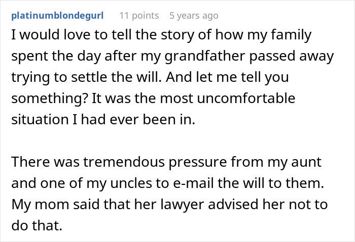 Text post about family conflict over inheritance after a grandfather passed away, highlighting pressure and legal advice.