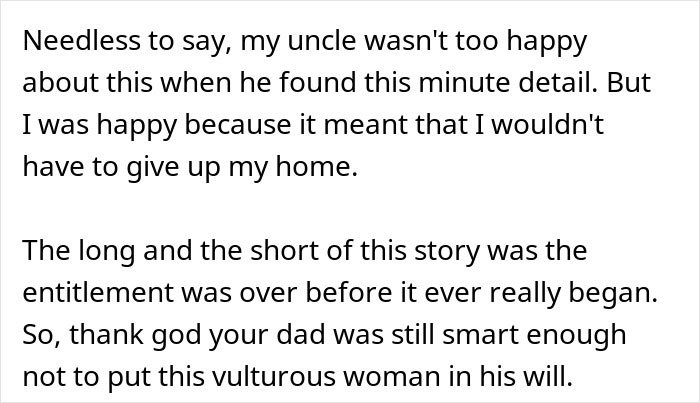 Text excerpt discussing a woman trying to claim inheritance from her late husband, causing conflict with his daughter.