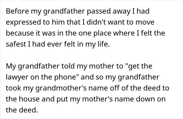 Text excerpt about inheritance and family dispute involving a woman, her late husband, and his daughter.
