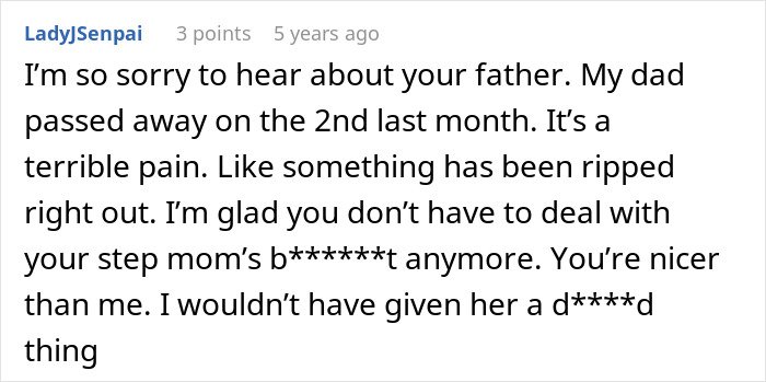 Screenshot of an online comment expressing sympathy about a father&rsquo;s death and mentioning conflict with a stepmom over inheritance issues.