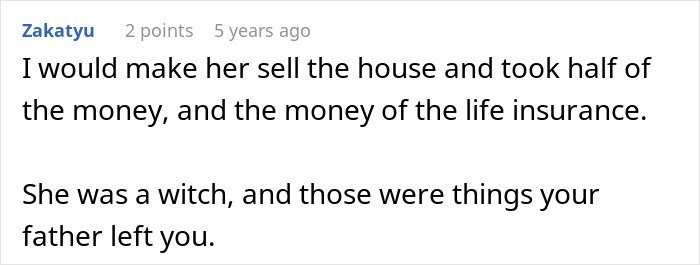Screenshot of a comment discussing a woman going crazy over inheritance and conflict with her late husband's daughter.