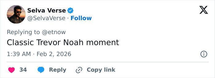 Tweet from user Selva Verse commenting on a classic Trevor Noah moment during a tense interaction with Justin Bieber.