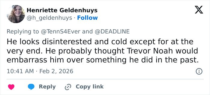 Tweet by Henriette Geldenhuys analyzing Justin Bieber's body language during a tense moment with Trevor Noah, showing disinterest and coldness.