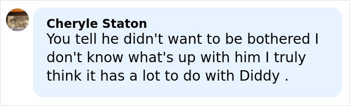 Comment by Cheryle Staton discussing Justin Bieber's behavior and its possible link to Diddy during a tense moment.