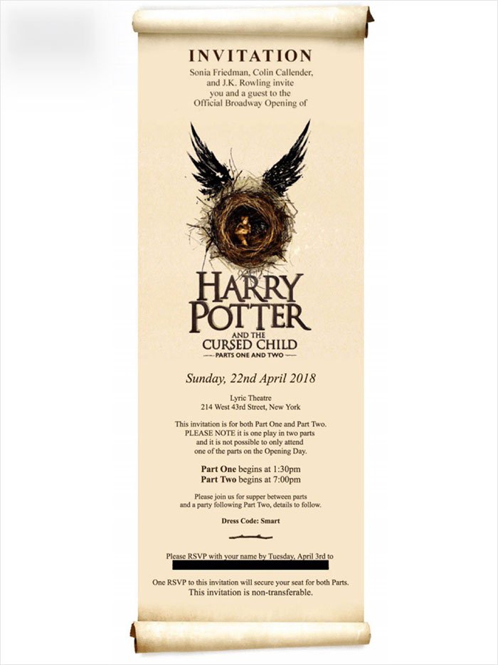 Invitation scroll for Harry Potter and the Cursed Child official Broadway opening in New York with a winged nest illustration.