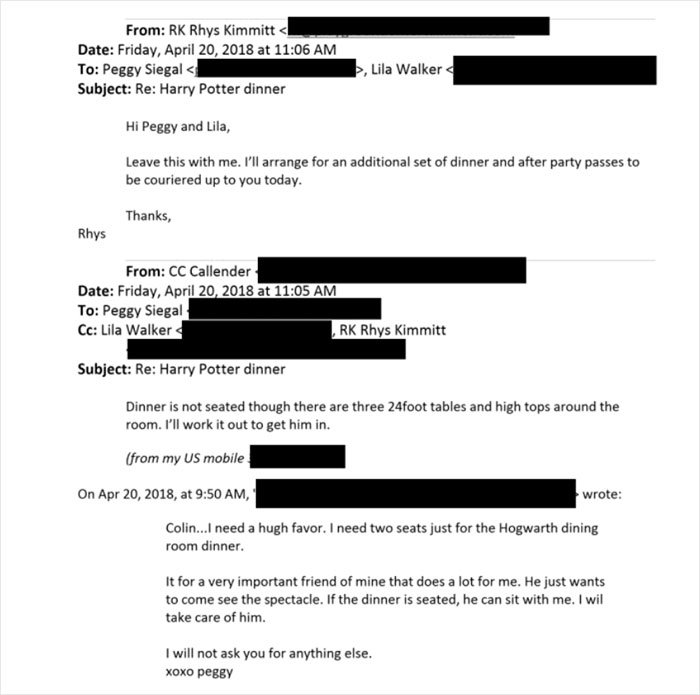 Email exchange discussing arrangements for a Harry Potter dinner, related to newly released Epstein doc controversy.