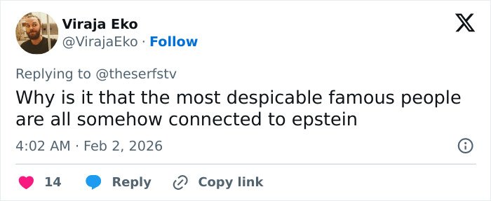 Tweet by Viraja Eko questioning the connection of famous people to Epstein, sparking Harry Potter fans' fury with JK Rowling.