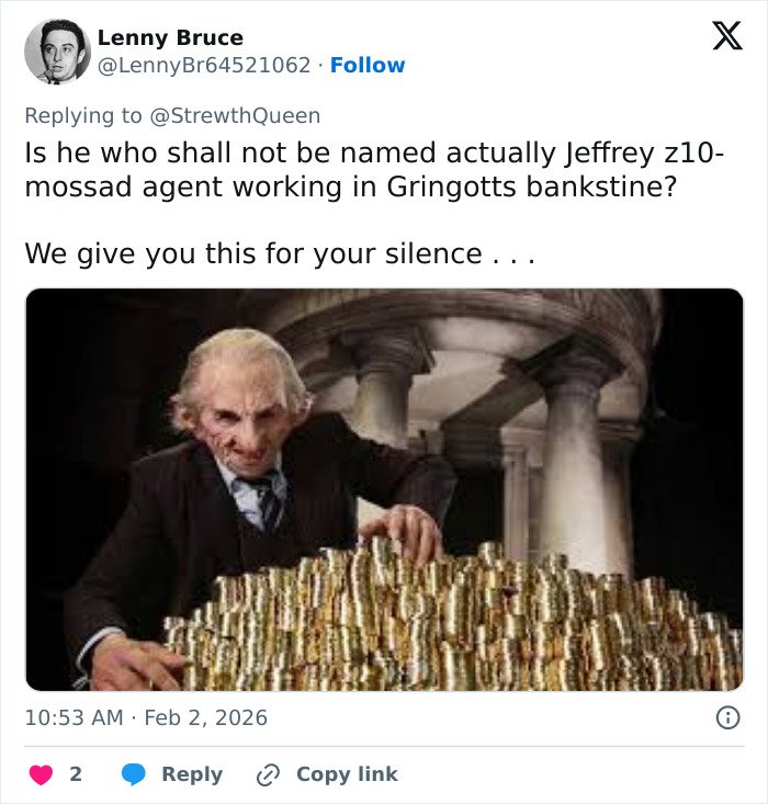 Alt text: Harry Potter goblin character counting gold coins, related to Epstein doc sparking Harry Potter fans furious with JK Rowling