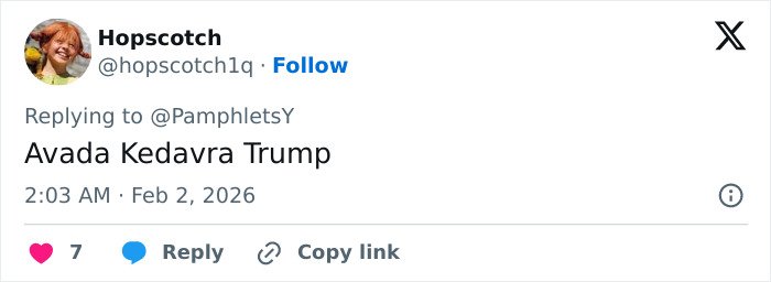 A social media post referencing Harry Potter, linked to reactions about a newly released Epstein documentary involving JK Rowling.