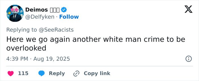 Screenshot of a tweet discussing overlooked crimes, with mention of white men and justice concerns at 4:39 PM on August 19, 2025.