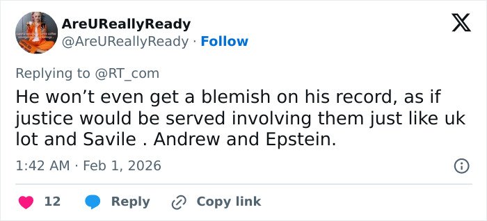 Tweet discussing the son of Norway's Crown Princess facing court on horrific charges with doubts about justice served.