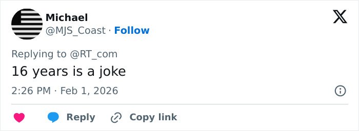 Tweet by Michael stating 16 years is a joke in response to Norway crown princess son court charges discussion.