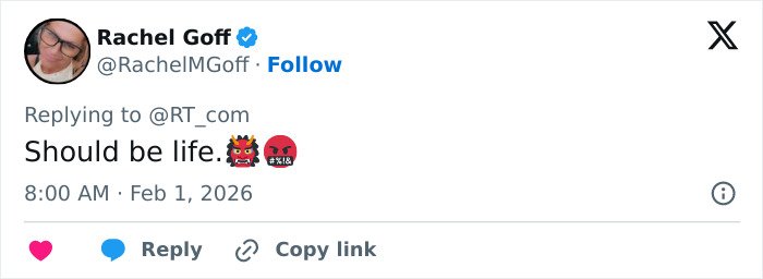 Twitter user Rachel Goff reacting with emojis and a comment about a court case involving the son of Norway's Crown Princess.