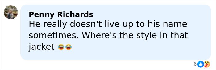 Comment from Penny Richards criticizing Harry Styles' outfit, mentioning lack of style in his jacket during 2026 Grammys appearance.