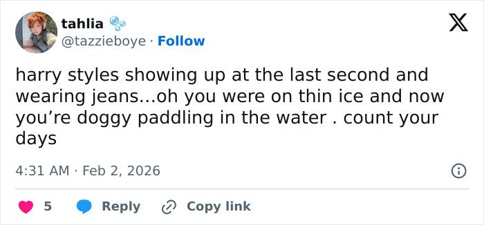 Tweet criticizing Harry Styles' outfit during his on-stage appearance at the 2026 Grammys event.