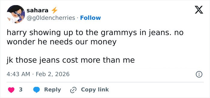 Tweet criticizing Harry Styles outfit at 2026 Grammys showing casual jeans during his on-stage appearance.