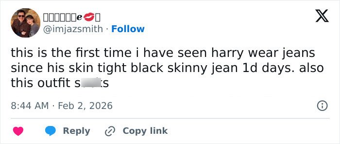 Tweet criticizing Harry Styles' outfit during his on-stage appearance at the 2026 Grammys including mention of skinny jeans.