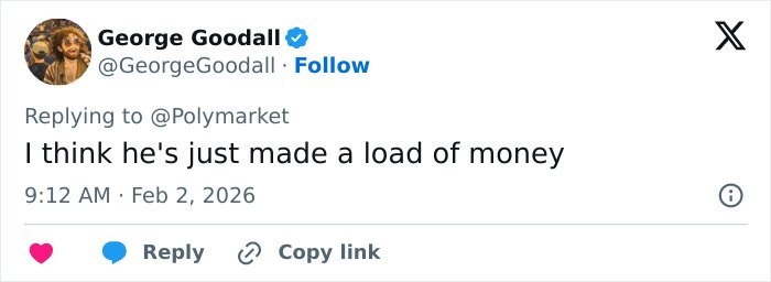 Tweet from George Goodall replying about money, related to Trevor Noah’s bizarre Grammys statement sparking wild theories discussion.