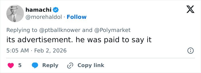 Tweet by user hamachi replying about an advertisement, referencing Trevor Noah's bizarre Grammys statement sparking wild theories.